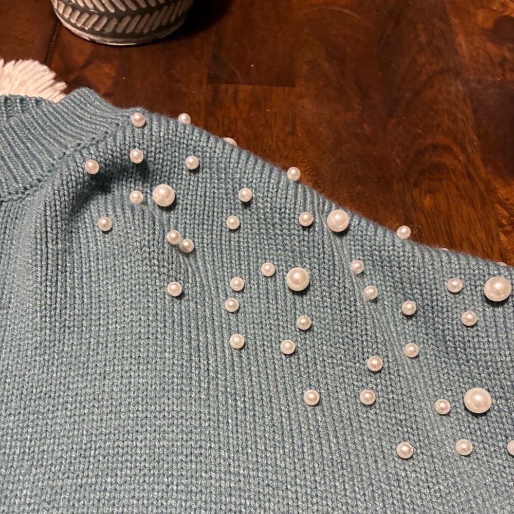Women's Teal Pearl-Embellished Sweater - Picture 5 of 11